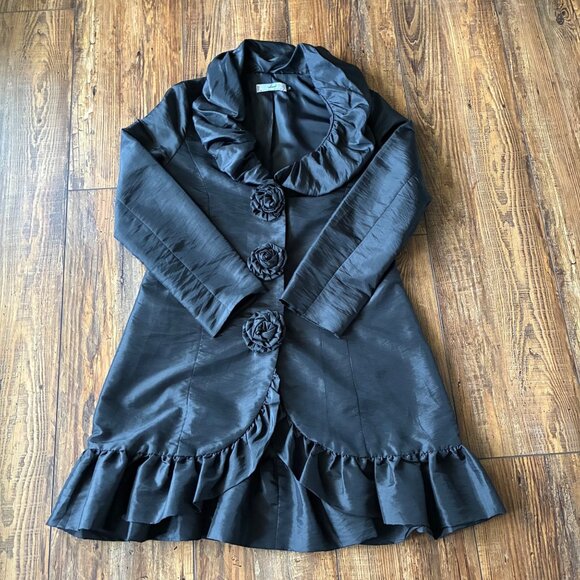 Unique Black Ruffle Trim Satin Top with Rosette Buttons – Med - Evening, Goth - Picture 10 of 13